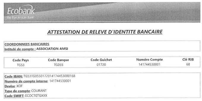 Informations compte bancaire AMSI
